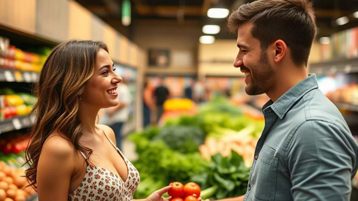 Woman talking to Man at the Grocery Store
