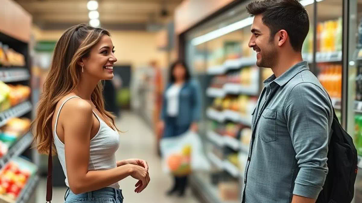 Woman talking to Man at the Grocery Store