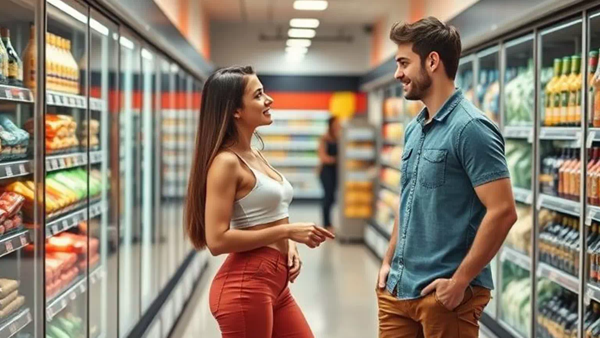 Woman talking to Man at the Grocery Store