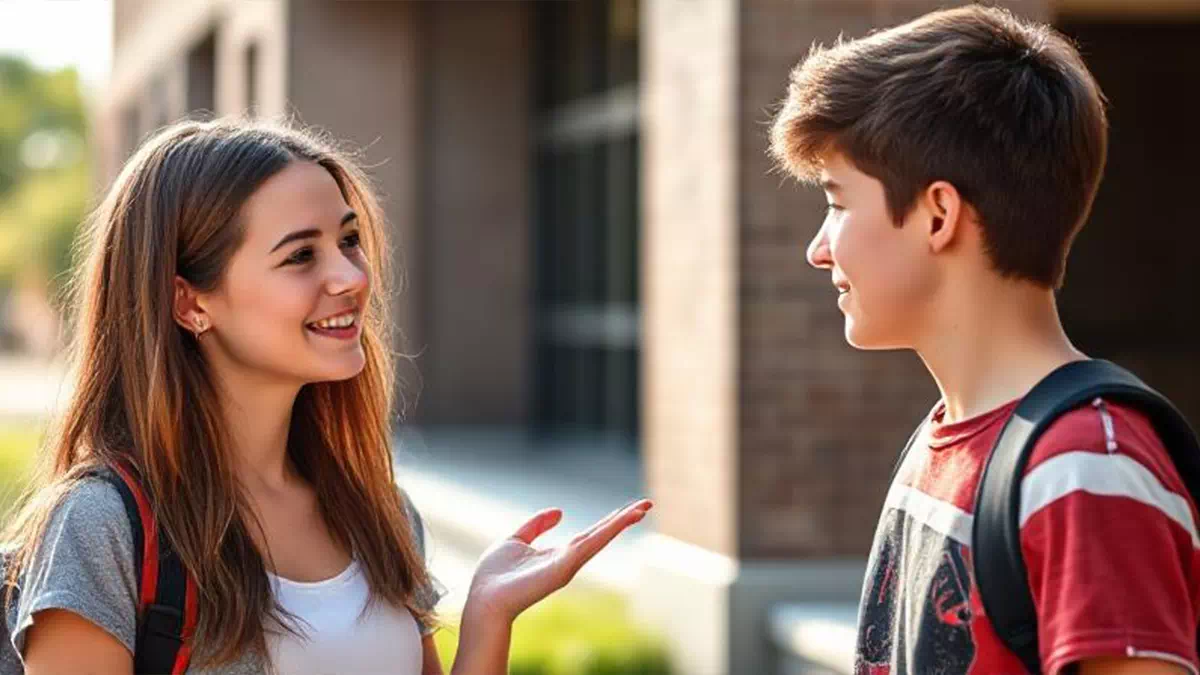 Girl talking to Boy at School