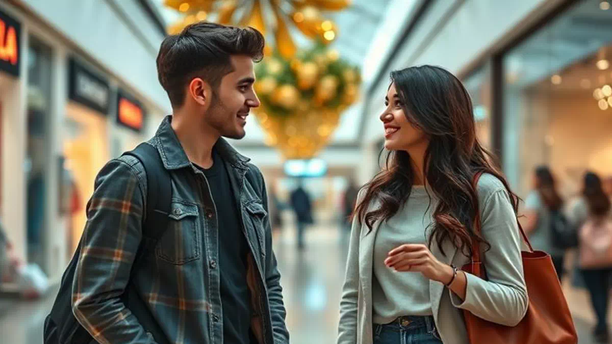 Woman talking to Man out Shopping