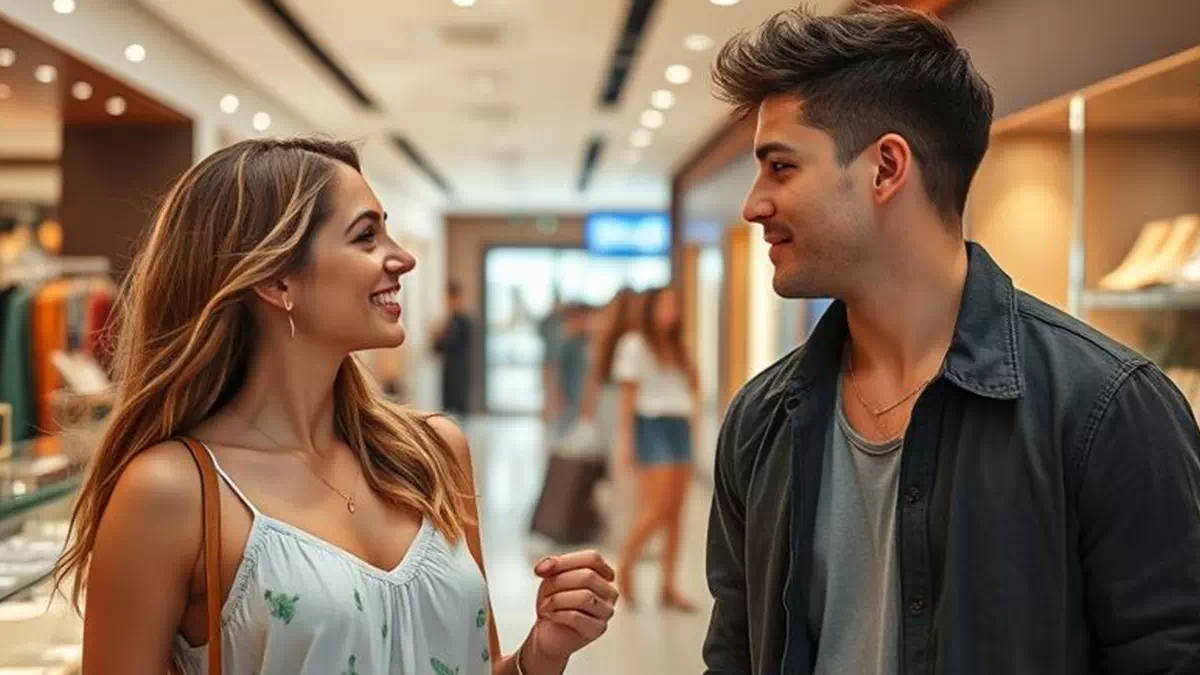Woman talking to Man out Shopping
