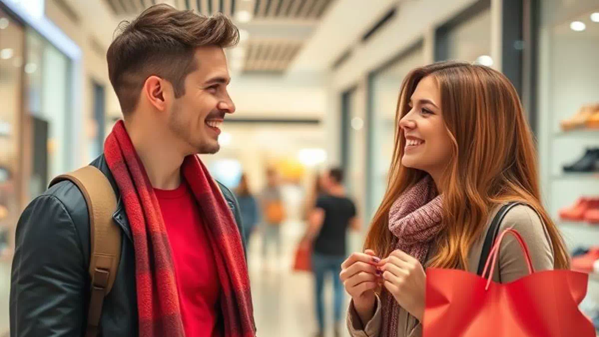Woman talking to Man out Shopping