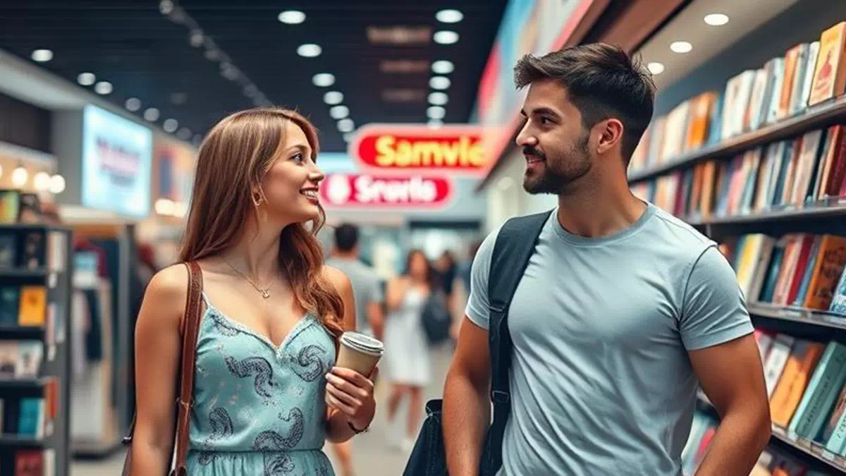 Woman talking to Man out Shopping