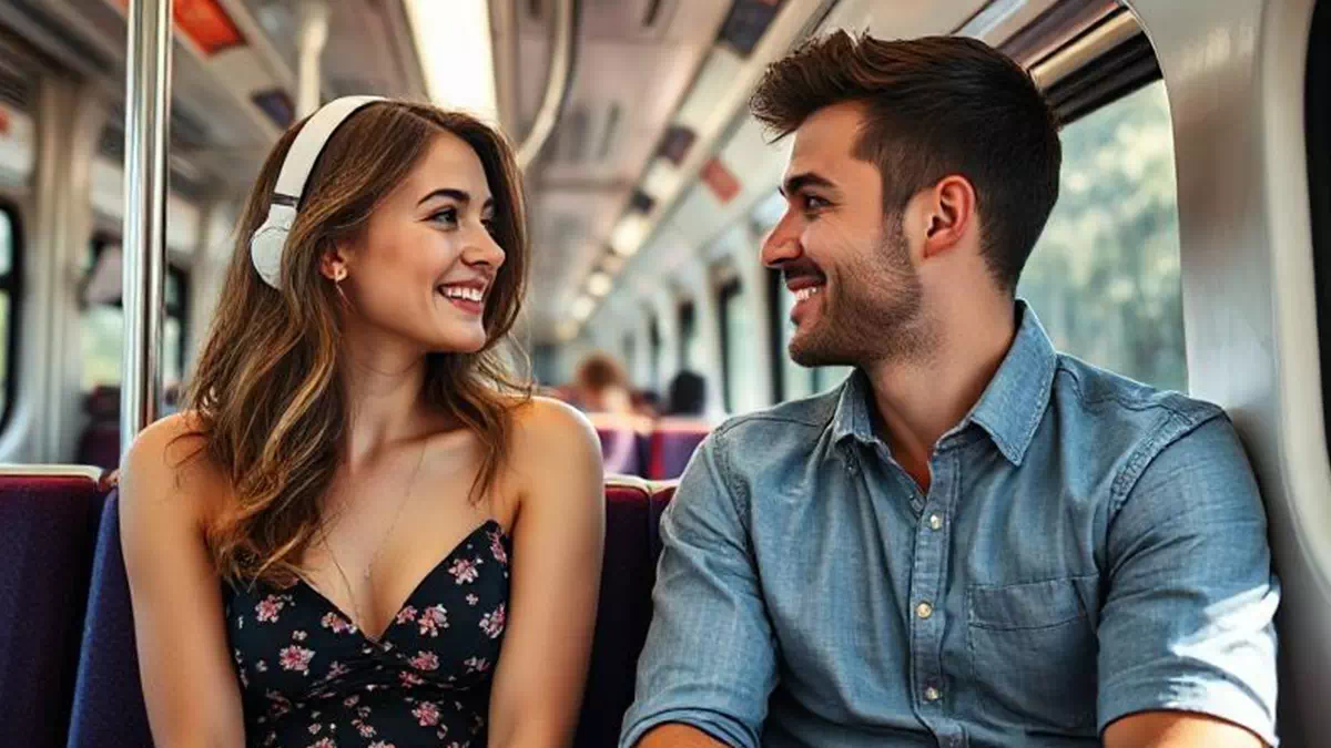 Woman talking to Man on the Train