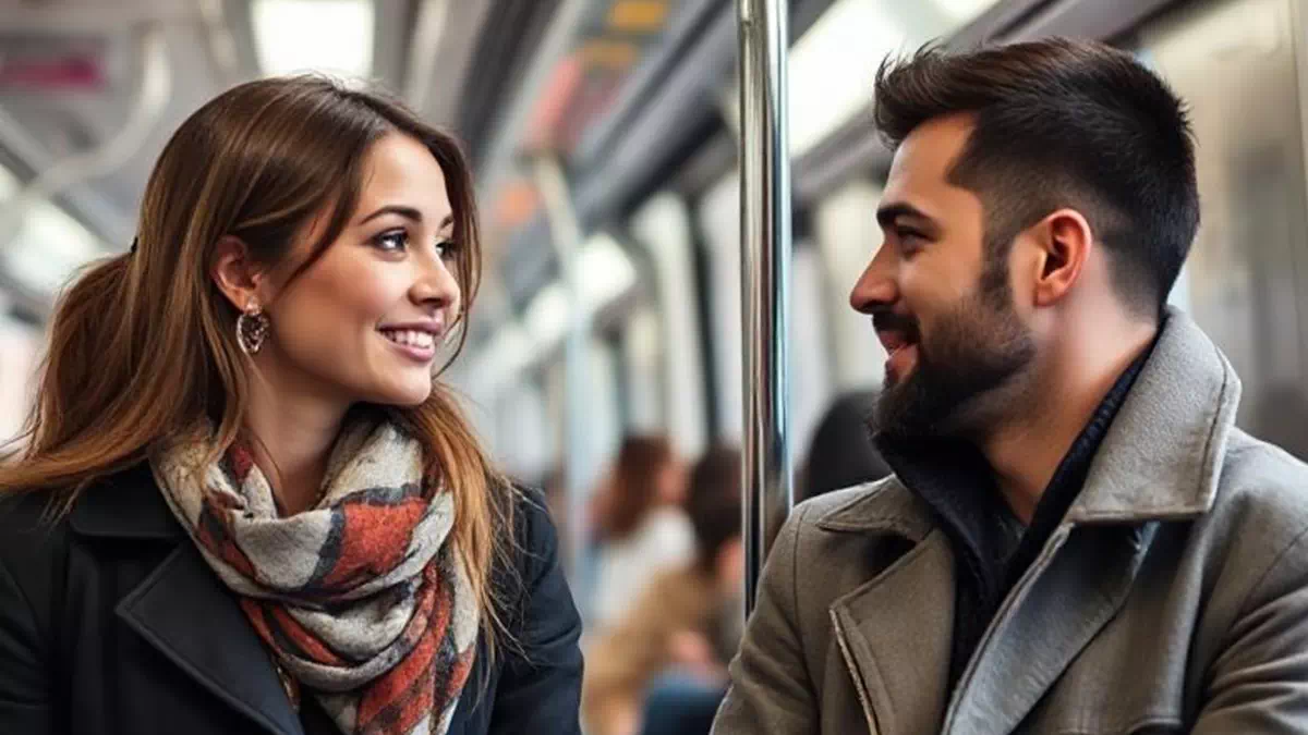 Woman talking to Man on the Train