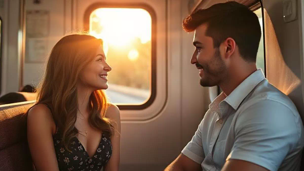 Woman talking to Man on the Train