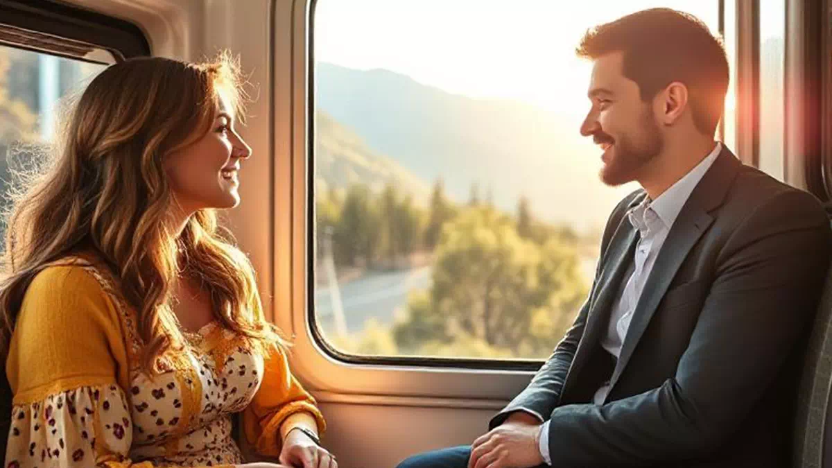 Woman talking to Man on the Train