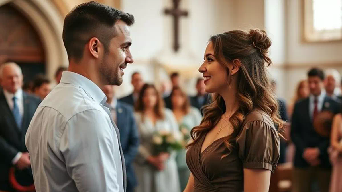Woman talking to Man at a Wedding