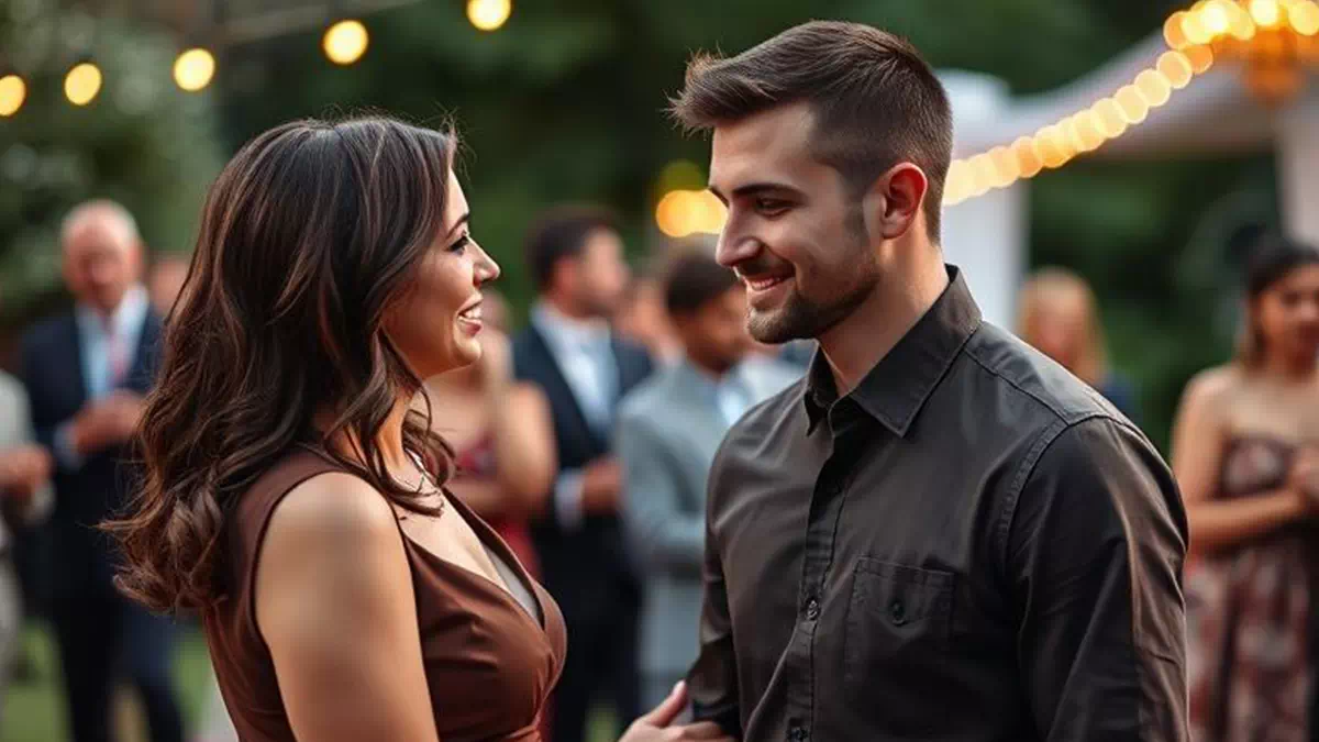 Woman talking to Man at a Wedding