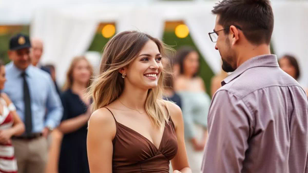 Woman talking to Man at a Wedding