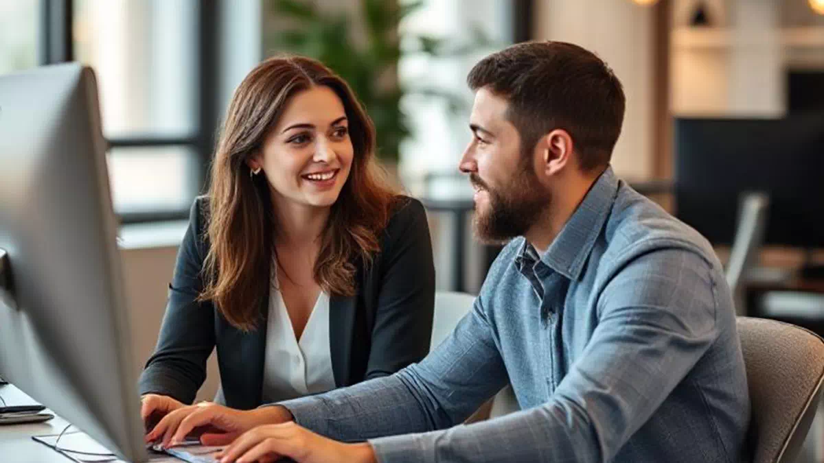 Woman talking to Man at Work