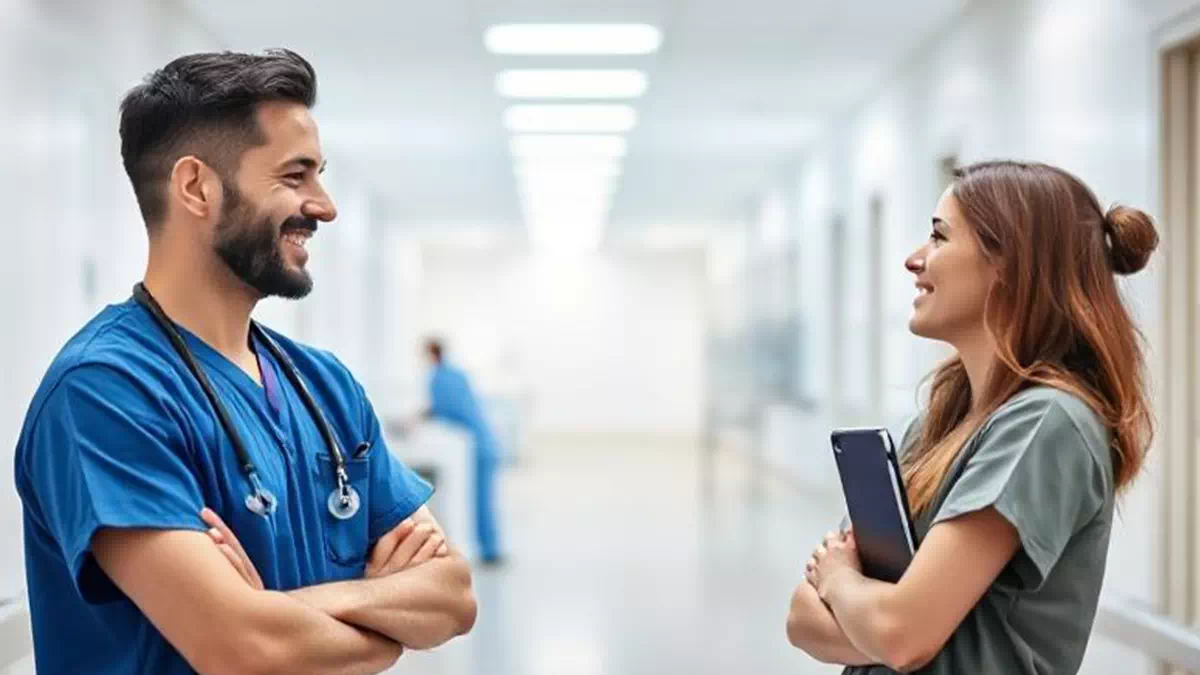 Woman talking to Man at Work