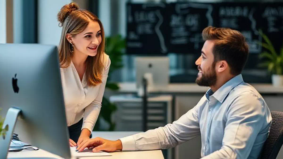 Woman talking to Man at Work